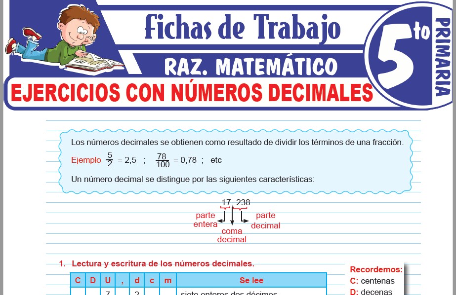 Modelos de la Ficha de Ejercicios con números decimales para Quinto de Primaria